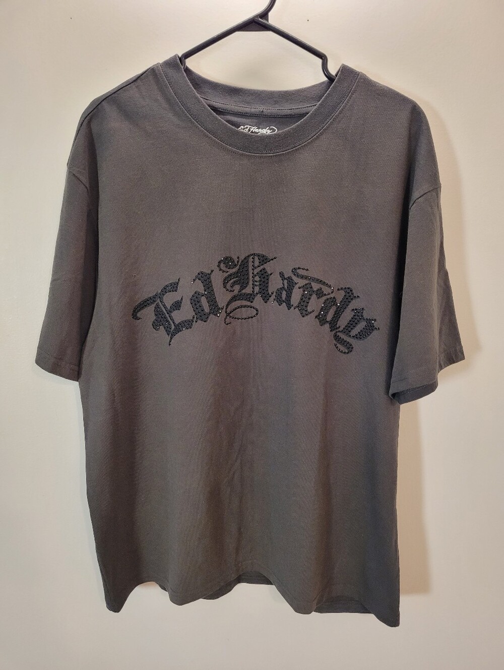 Ed Hardy Panther Flame Rhinestone Black Logo Gray Green T-Shirt - L